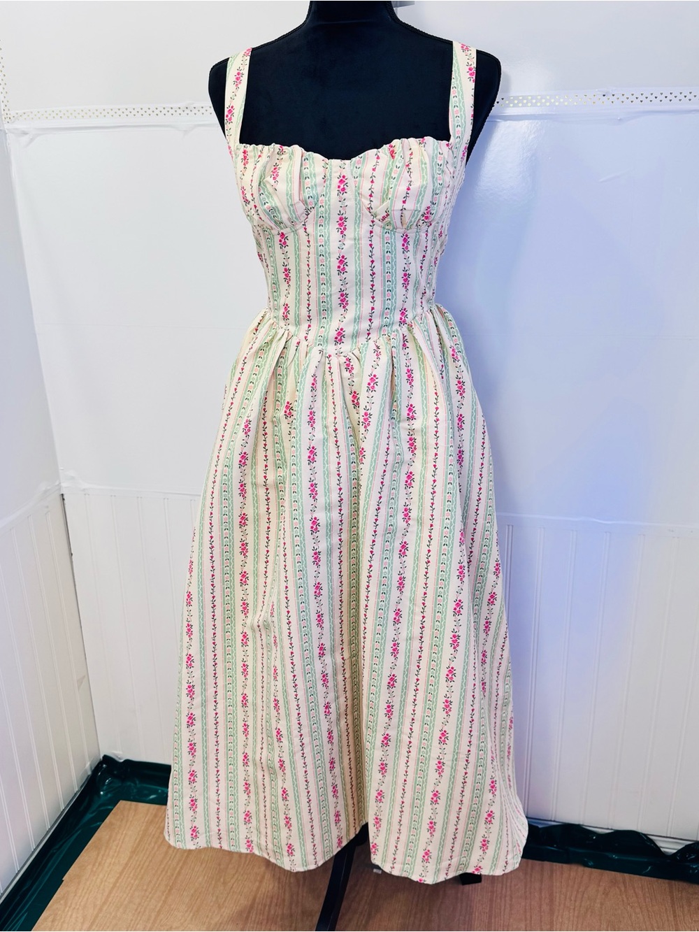 VICI Floral Corset Midi Dress Cottagecore Striped Sundress Size M Boho